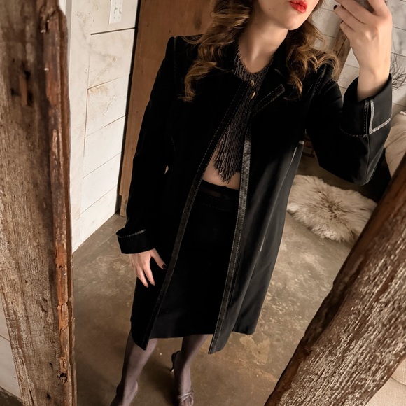 Vintage Rena Lange 2 piece Black suit set trench duster coat pencil skirt 90s